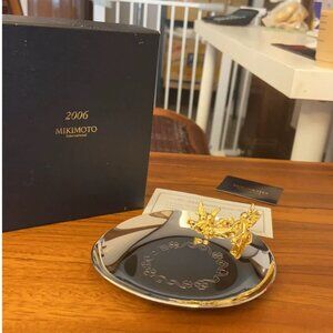 NU Mikimoto Golden love bird Pearl Jewelry dish Silver Pin Pen Tray wedding gift